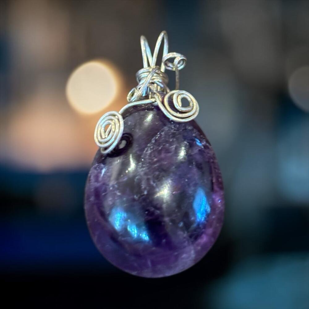 Purple Amethyst/Lapis Teardrop Pendant Silver Wire Wrap Witchy Boho Crystal